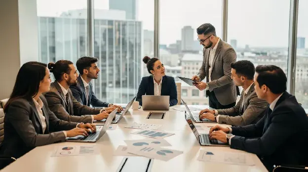 The image features a diverse team of supply chain professionals collaborating around a conference table, equipped with laptops and documents, as they engage in discussions about strategic sourcing and supply chain management. Their teamwork highlights the importance of cross-functional communication and operational efficiency in making informed supply chain decisions.