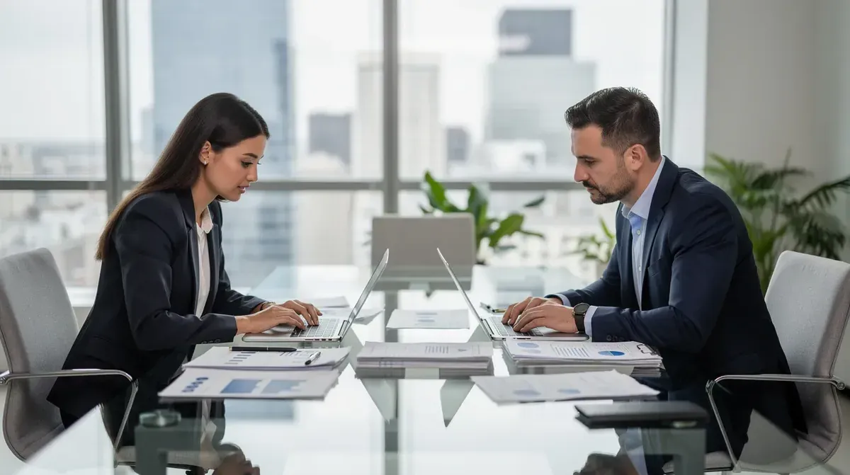 Two business professionals discussing documents across a conference table in a modern office
