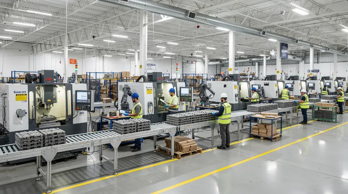 Busy manufacturing plant floor with workers operating machinery and conveyor lines