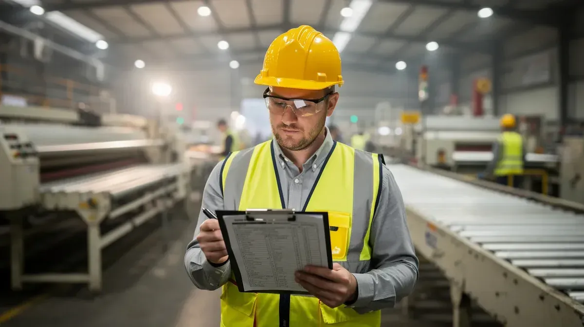 Plant manager in a hard hat reviewing a clipboard on a manufacturing production floor