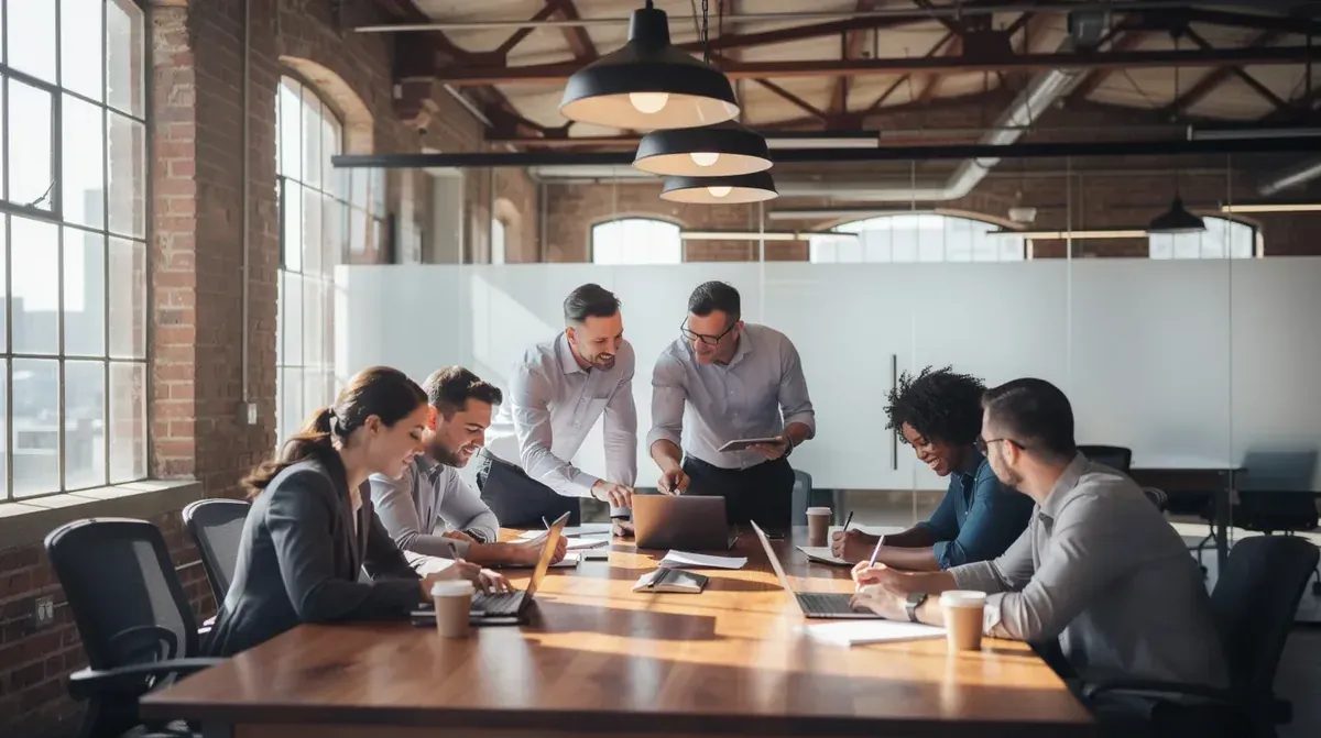 Team of professionals collaborating around a conference table in an industrial office