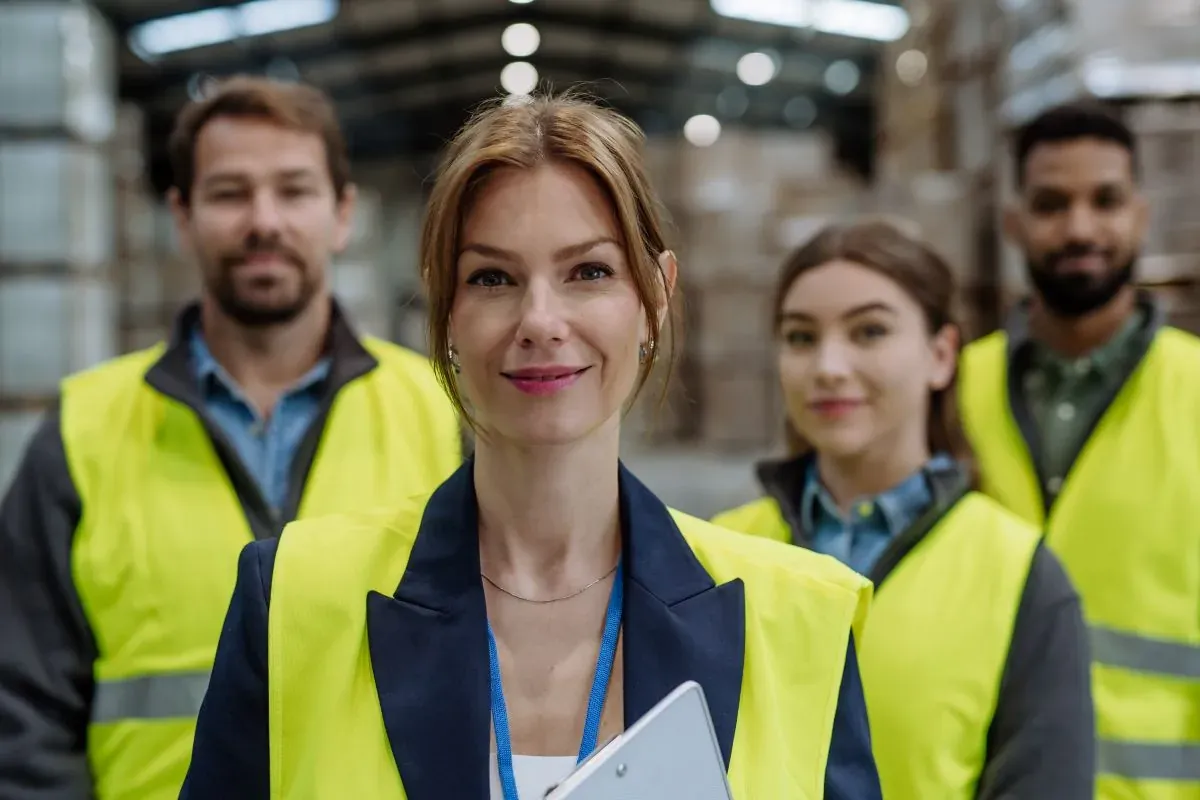 Logistics manager holding a clipboard in front of three team members in safety vests inside a warehouse