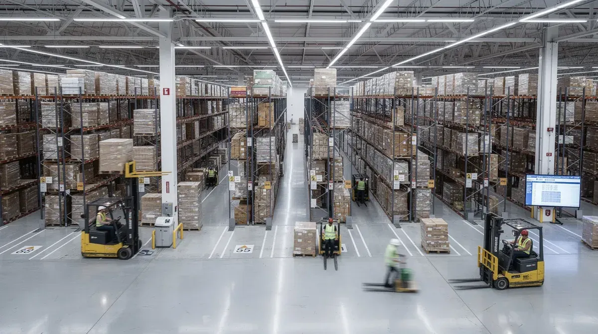 Workers operating forklifts and moving pallets between tall racks in a large distribution center