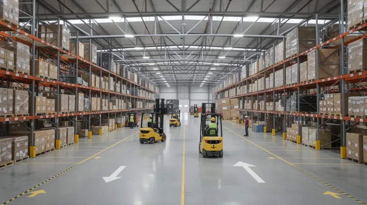 Forklifts moving pallets down a wide aisle between tall racks in a modern distribution warehouse