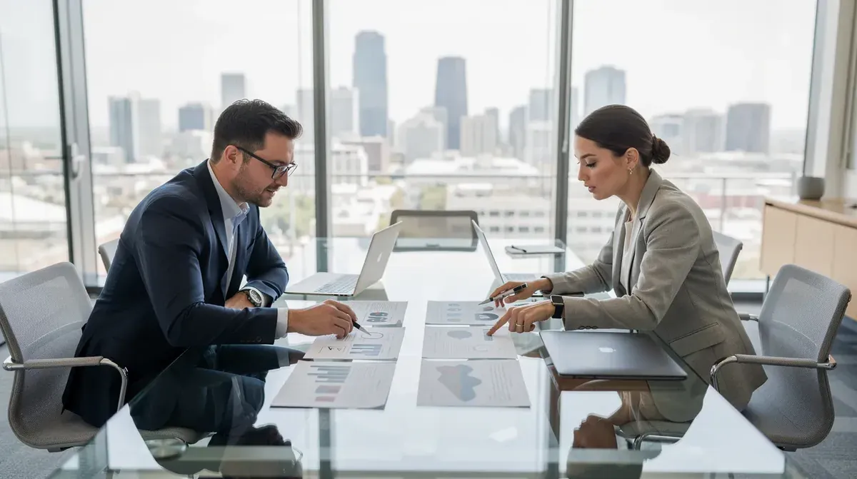 Two business professionals reviewing documents together at a glass conference table in a city office