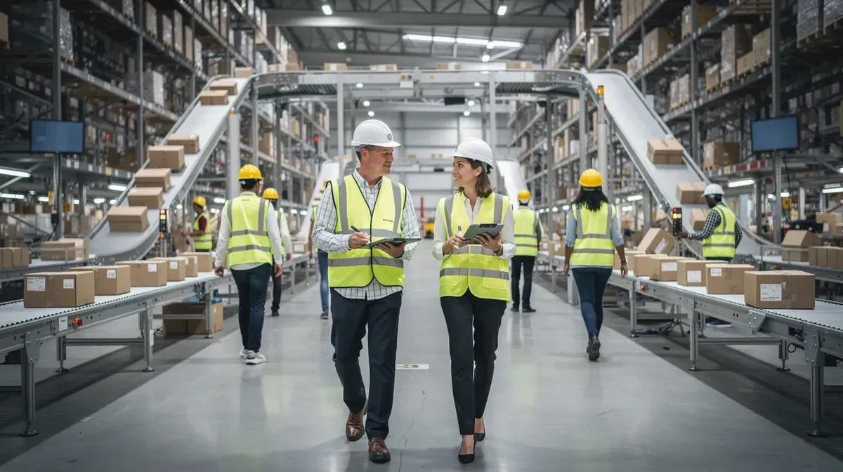 Supply chain professionals in hard hats walking through an automated distribution center