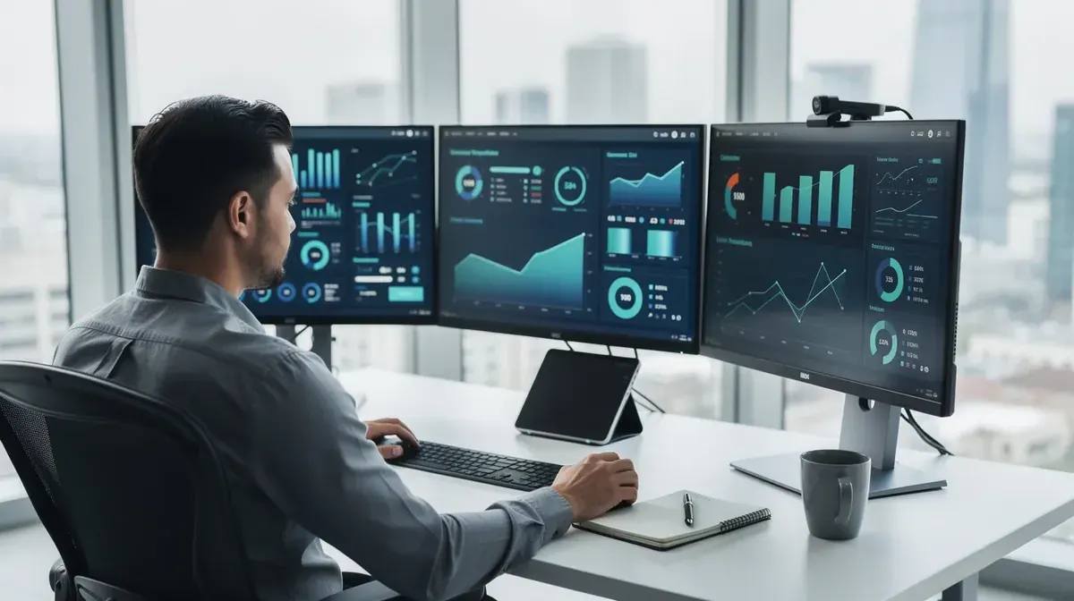 Supply chain professional analyzing data dashboards on multiple monitors in a modern office