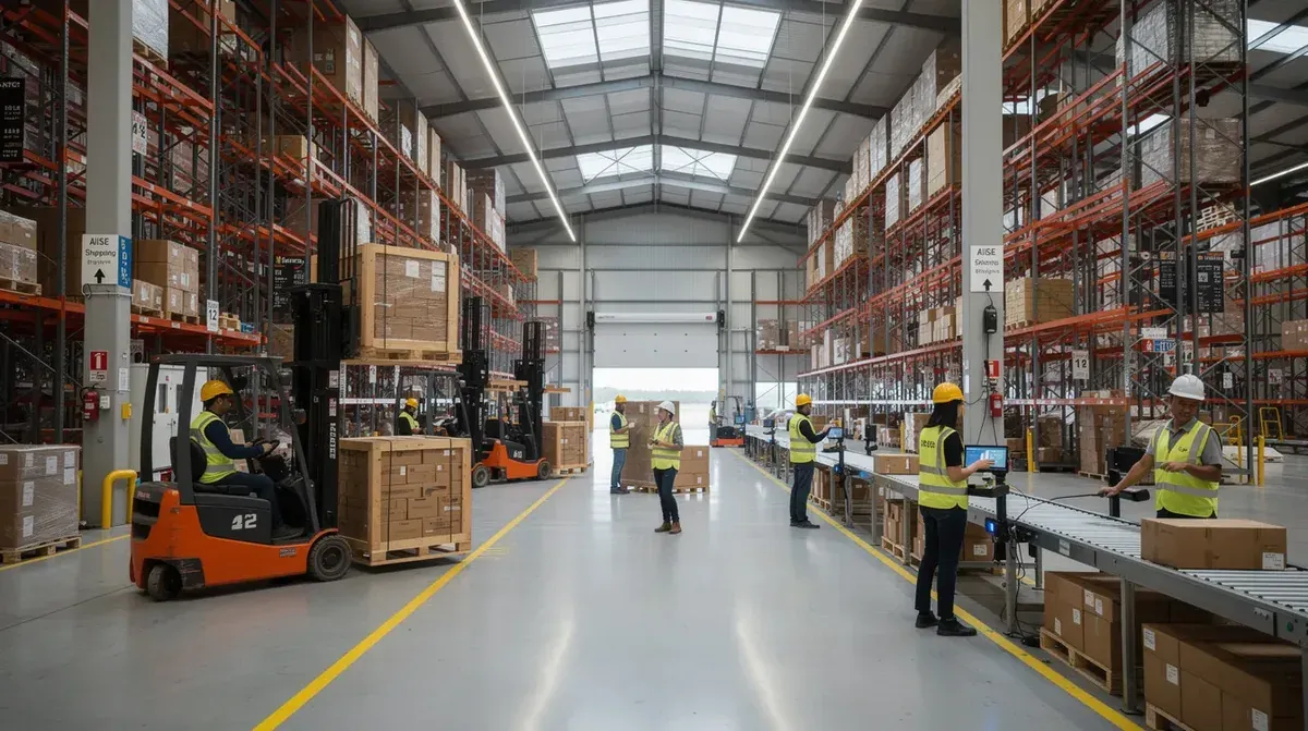 Warehouse team in safety vests working beside a forklift and pallet racks in a busy distribution center