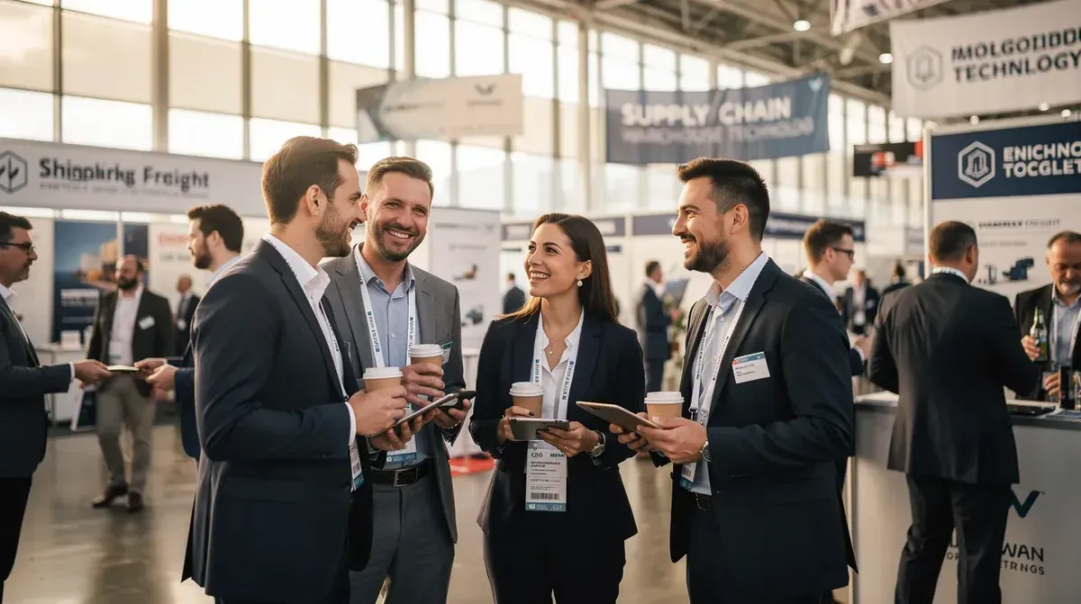 Professionals talking and networking at a supply chain industry trade show