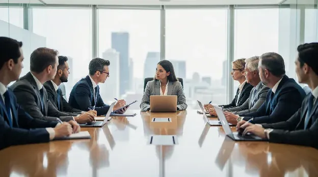 In a modern conference room, a diverse group of professionals is engaged in a business interview, discussing roles related to supply chain management and operations. The atmosphere is focused, highlighting the importance of strategic thinking and effective communication in roles such as director of supply chain and supply chain manager.